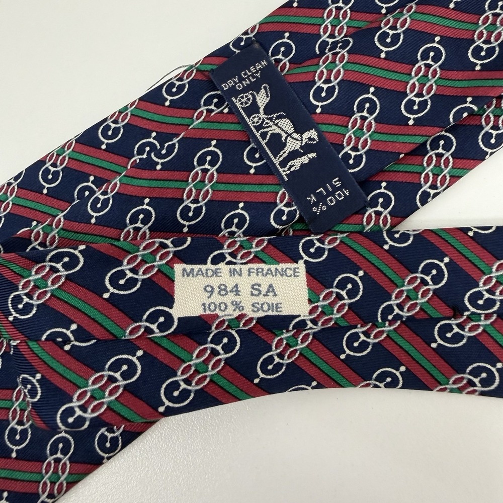 Hermes Men's Tie Chain Link Nautical Striped Navy/Red/Green 984 SA Silk 3" x 55" - Picture 3 of 9